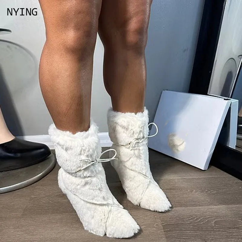 2026 Woman White Fur Lace-Up Calf Boots Pointed Toe Thin Heels Side Zipper Winter Boots for Women Fluffy Solid Warm Shoes  44