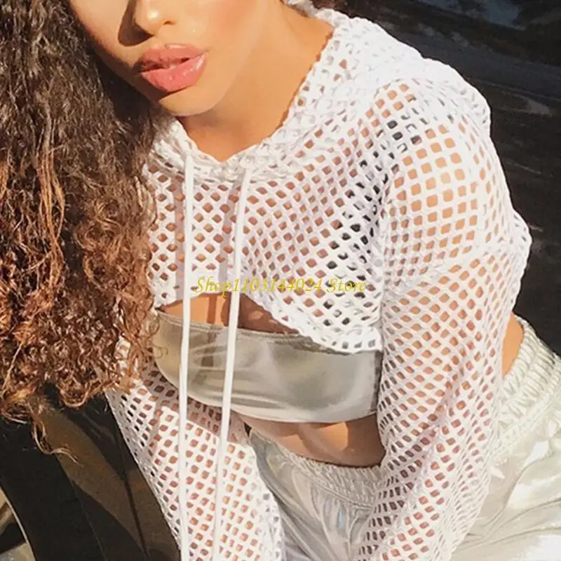 N5KE Women Long Sleeve Mesh Hoodies Crop Top Pullover Cover Up Sweatshirt