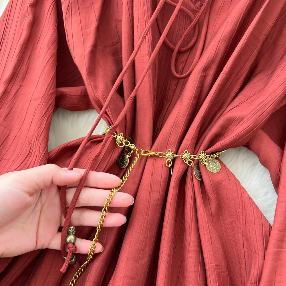 Schickes Vintage-O-Ausschnitt-Schnürkleid, elegante Fee, koreanische Mode, Boho-Sommerkleid, Damenbekleidung, langes Kleid