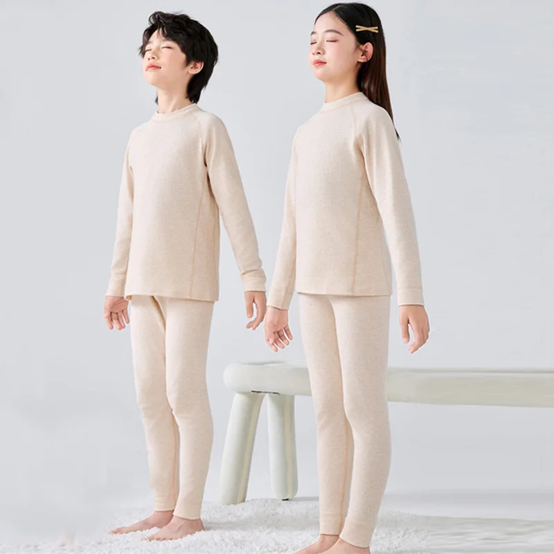 Boys Girls Thermal Underwear Sets Kids Autumn Winter Pajama Suits Children Warm Sleepwear Teenager Solid Color Clothing 4-14Y