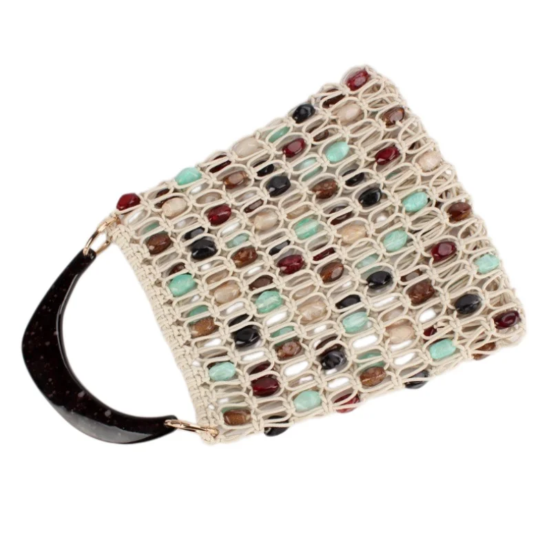 

Handcrafted Beaded Hollow Out Woven Beach Bag Large Capacity Women's Handbag Casual Vacation Style Crochet Tote Bag