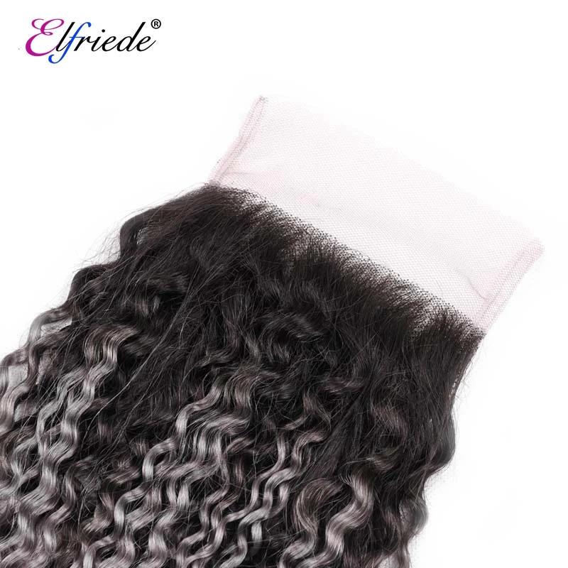 Elfriede-Mèches Brésiliennes Naturelles Crépues et Bouclées, Cheveux Humains Gris Ombré avec Closure, Tissage en Lot de 3, 4x4, # T1B