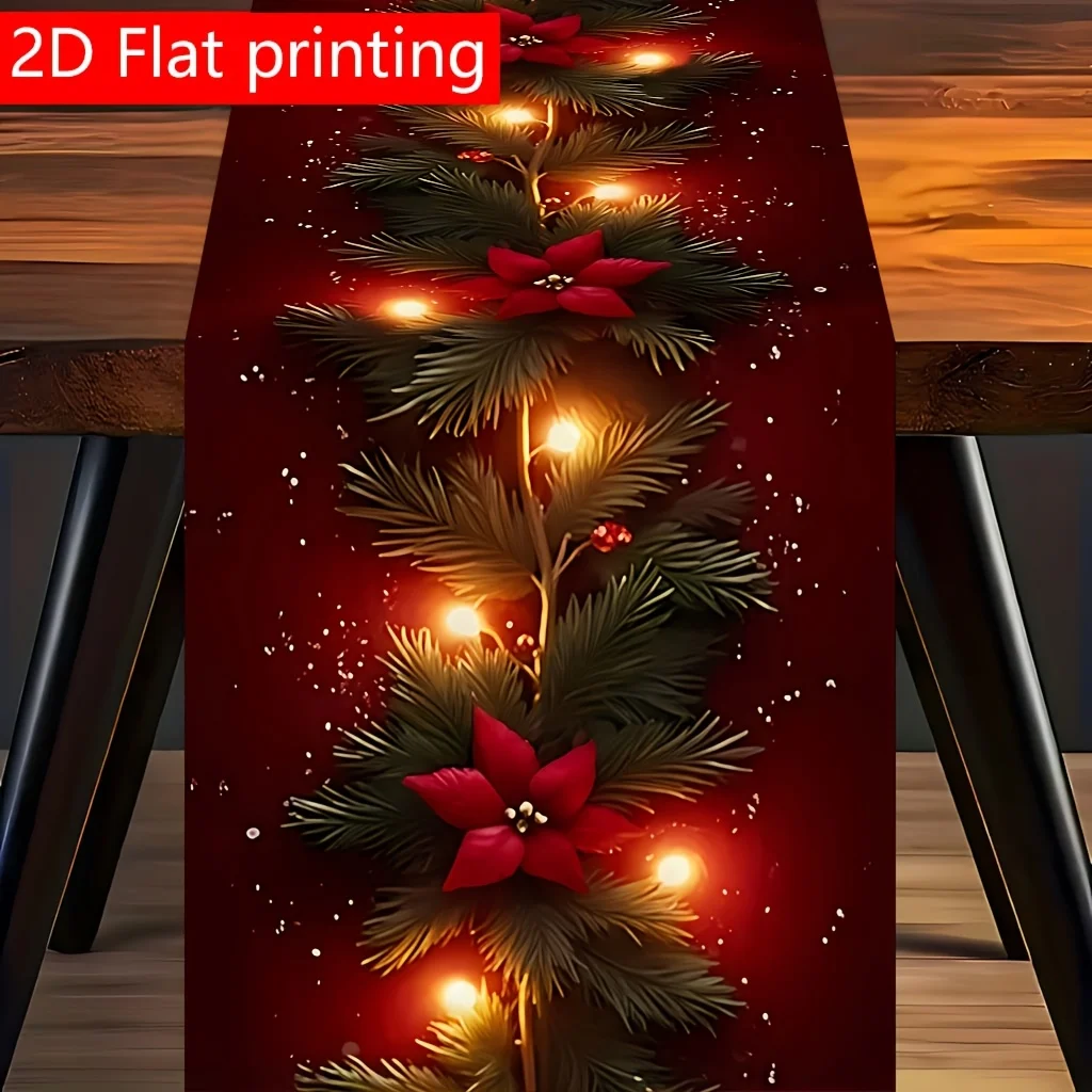 2D Flat Wine Red Pine Branch Warm Light String Lights Printed Table Runner, Christmas Snowflake Pine Needle Floral Table Runner