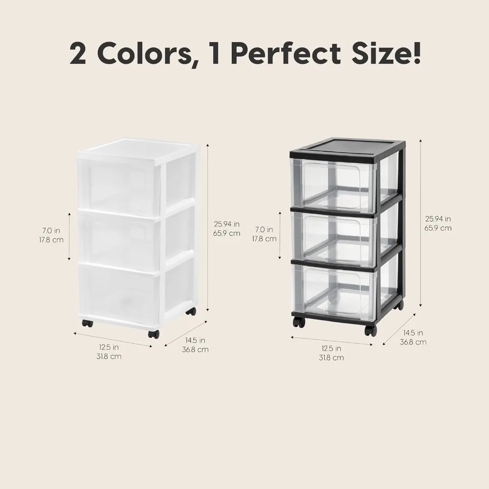 عربة تخزين دوارة ذات 3 أدراج مع عجلات، منظم ضيق نحيف لمكتب نوم الحمام في الفصل الدراسي، عبوتان أسود/شفاف