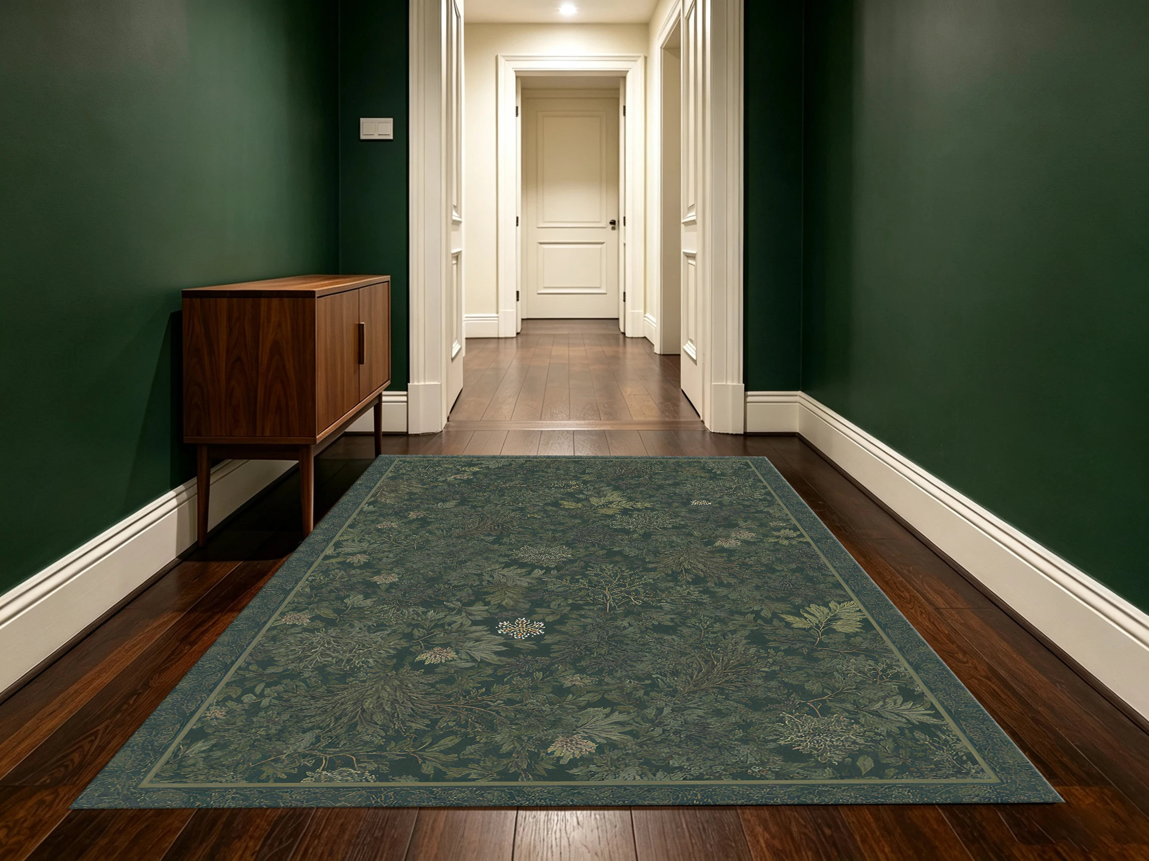 2D Carpet with Forest Fern and Small Flower All-Over Pattern in Retro Natural Style for Living Room and Bedroom