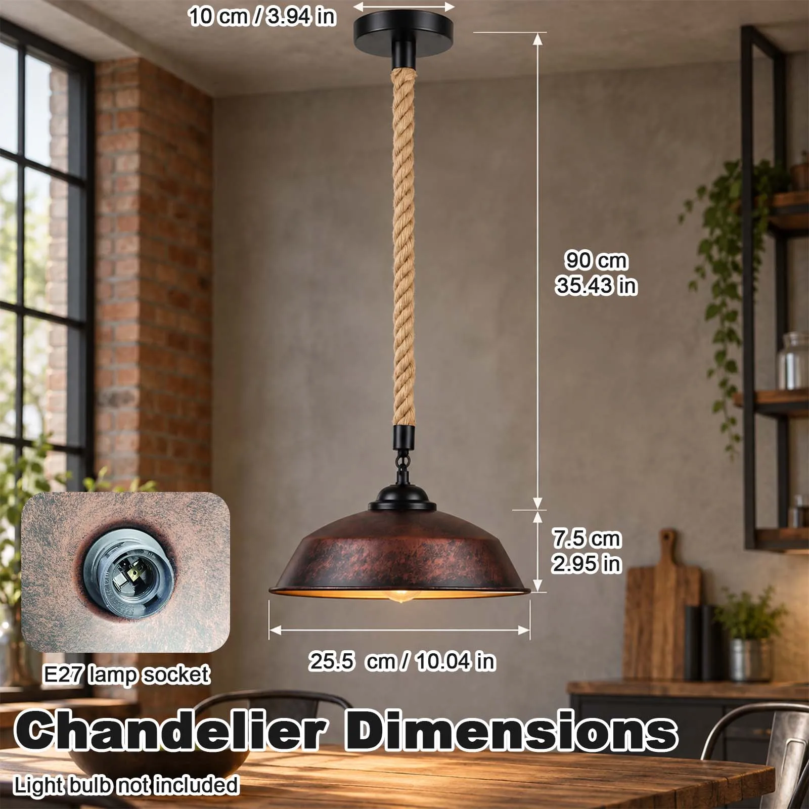 Rustic Copper Pendant Light, Jute Rope, Dome Metal Shade, E27, Vintage, Kitchen Island Living Room
