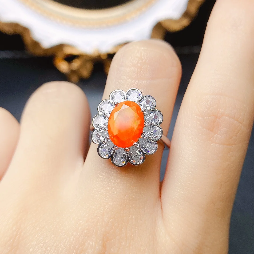 Natural Untreated Earth Mined AAA VVS Orange Fire Opal Flower Ring 925 Sterling Silver Women Engagement Ring For Gift