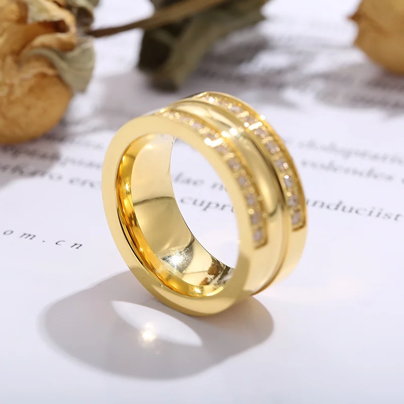 Gold Color Stanless Steel Large Rings For Women Girl French Light Luxury Double Layer Shiny Zircon Chunky Rings Fashion Jewelry