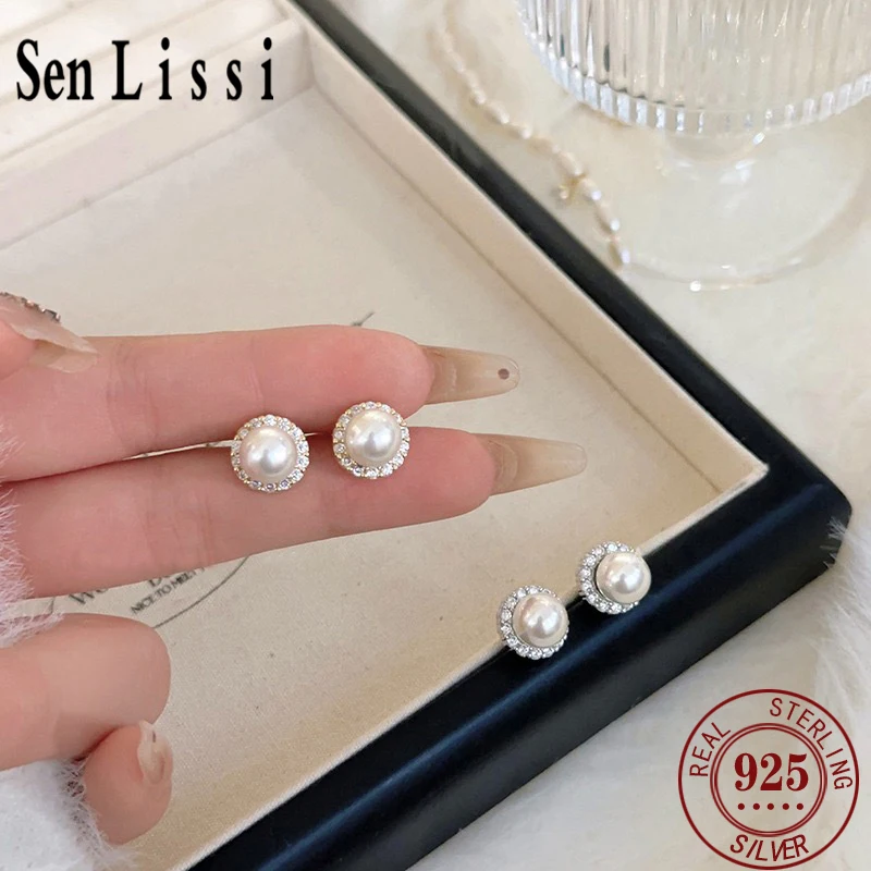 Senlissi- Elegant Women Freshwater Pearl Stud Earrings S925 Silver 8~9MM Zircon Surrounded Pearl Jewelry Birthday Gift