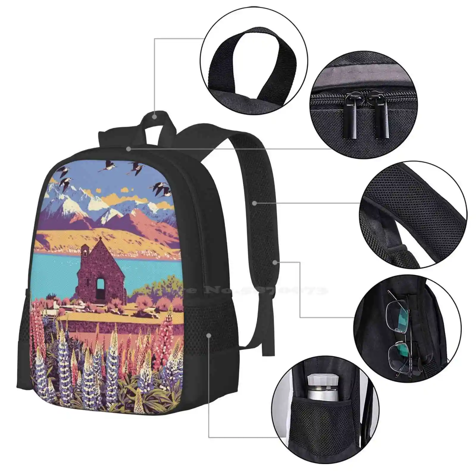 Lake Tekapo School Bag Big Capacity Backpack Laptop Tekapo Vintage Travel New Zealand Tourism Church Lake Country Colour Graphic