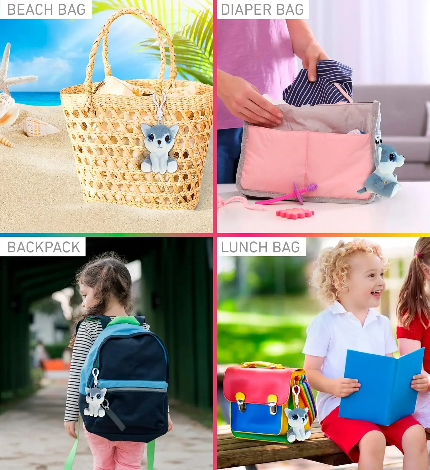 พวงกุญแจตุ๊กตาหมาป่าตาโตน่ารักพร้อมคลิปหนีบ - ตุ๊กตาสัตว์นุ่มนิ่มสำหรับตกแต่งกระเป๋าเป้สะพายหลังสำหรับเด็ก ผู้หญิง และผู้ชาย