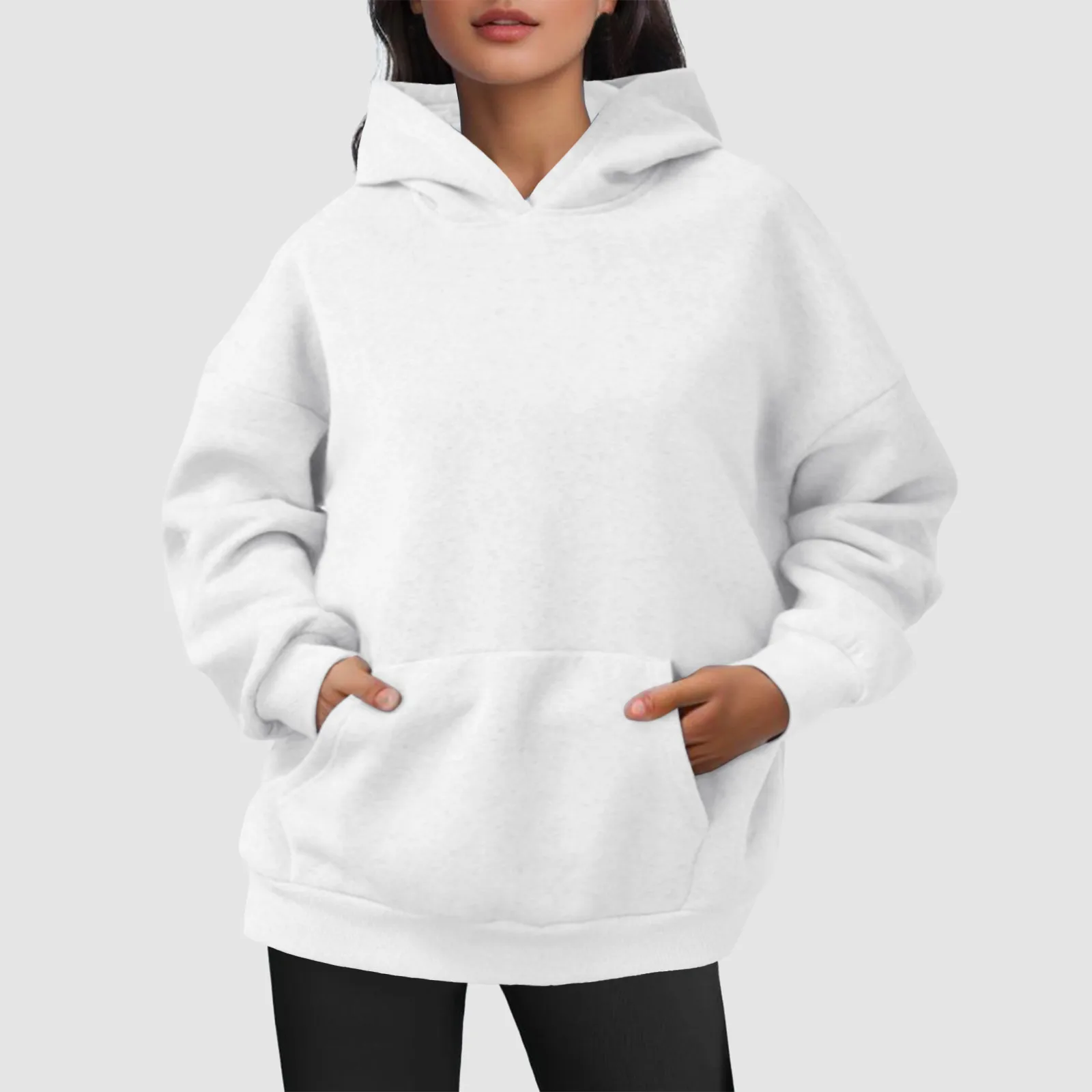 Sudadera con capucha de manga larga para mujer, jersey de Color sólido de gran tamaño, cuello redondo, bolsillo, Sudadera con capucha clásica de moda, Tops informales que combinan con todo