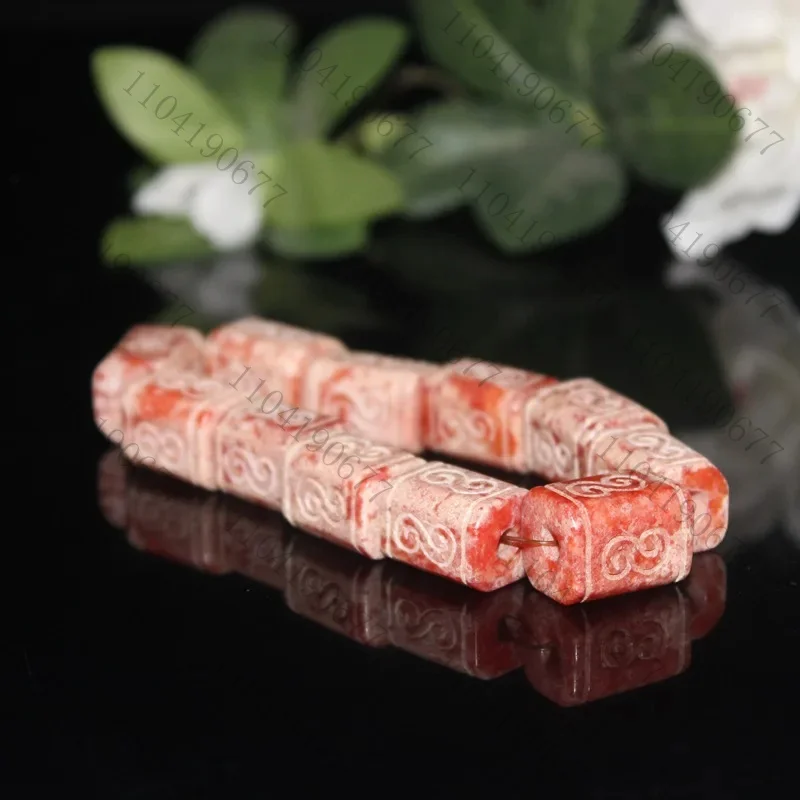 Natural Old Hetian Jade Red Infusion Shaped Bead Bracelet