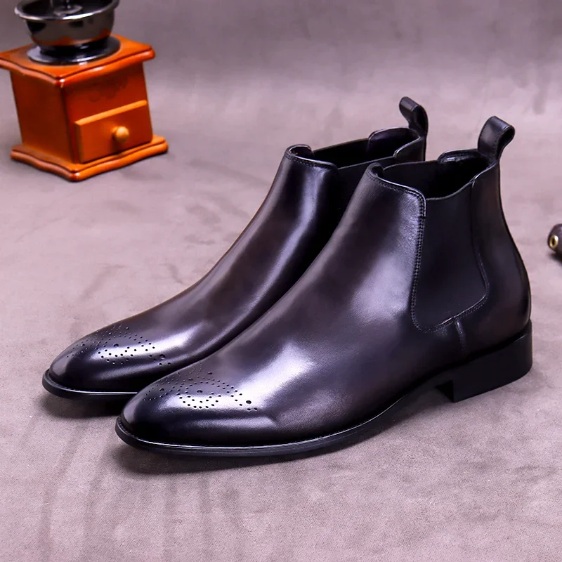 

vintage Mens Genuine Leather Chelsea Boots Luxury Handmade Quality 2025 Autumn Fashion Ankle Brogues Social Shoes Man Size 40
