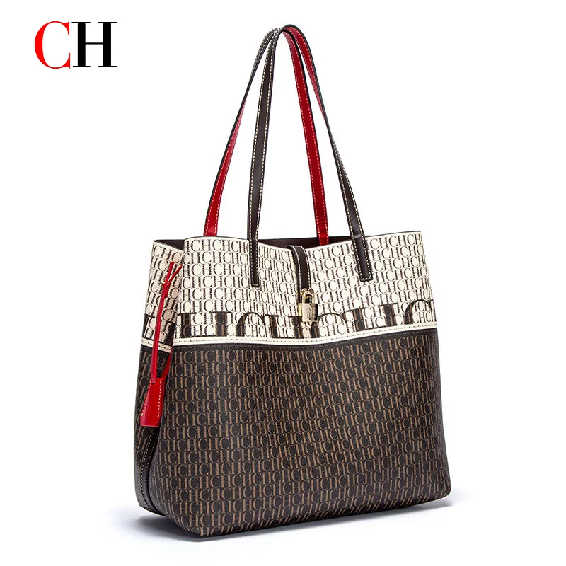 CH Women's Large Capacity Monogram Tote Bag Elegant Lock Detail Shoulder Handbag Casual Commuter Shopper Purse for Daily Use