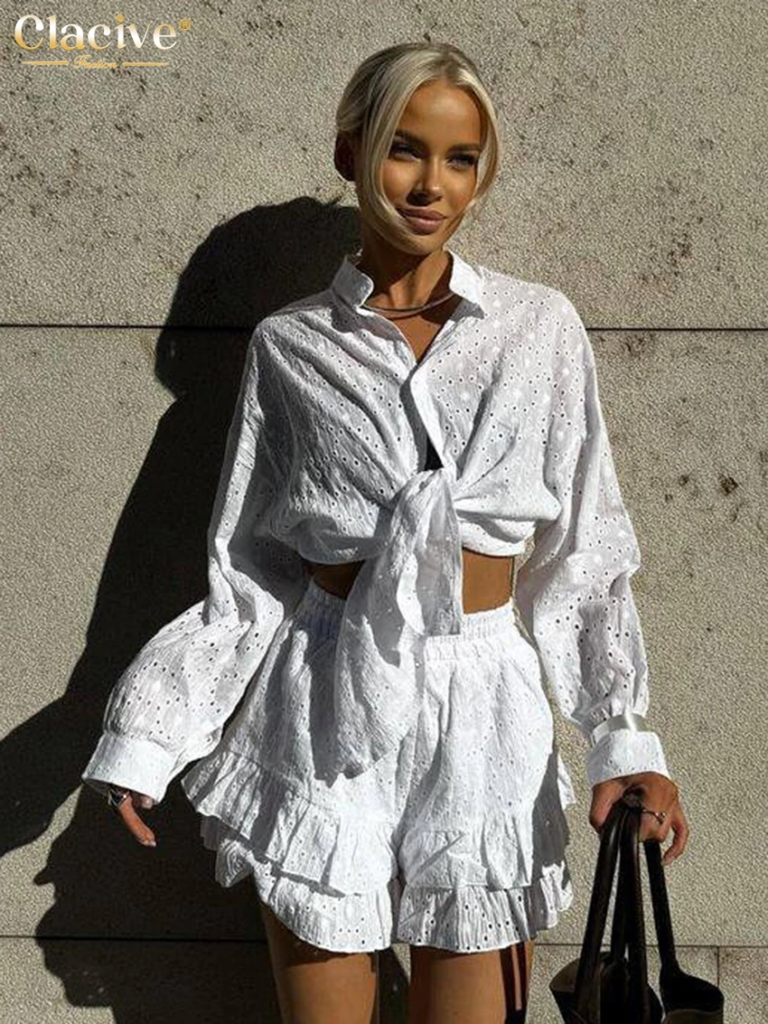 

Clacive Fashion Long Sleeve Shirt Two Piece Outfits Woman Casual White Cotton Shorts Set Elegant Classic High Waist Shorts Suits