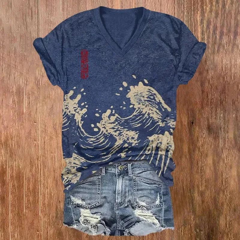 Retro Farm Life Chicken Friends Pattern Print Short Sleeved V-neck T-shirt Summer Women's T Shirts