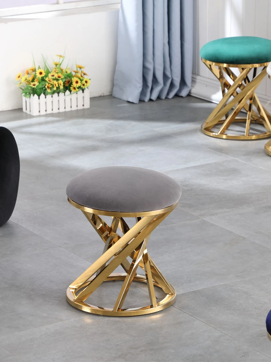 Modern Stainless Steel Light Luxury Low Stool Fashion Small Round Dining Stool Fabric Art Bench Household Simplicity