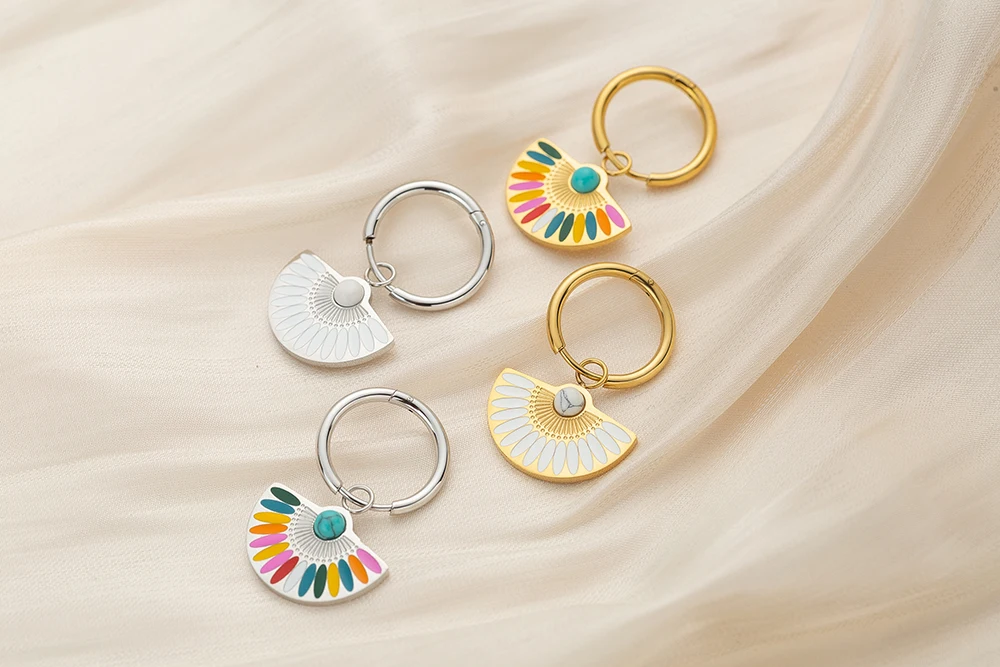 JeeMango Trendy Bohemia Fan Hoop Earrings For Women 18K Gold Plated Stainless Steel Handmade Colorful Glaze Earrings JE22200