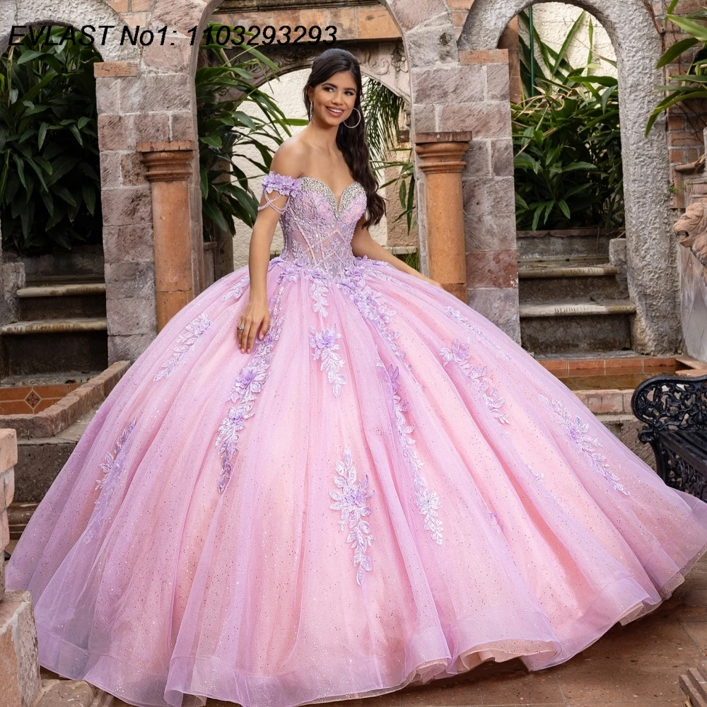 

EVLAST Customized Glitter Pink Ball Gown Quinceanera Dress Lace Applique Beading Cape Corset Sweet 16 Vestidos De 15 Anos E1QN07