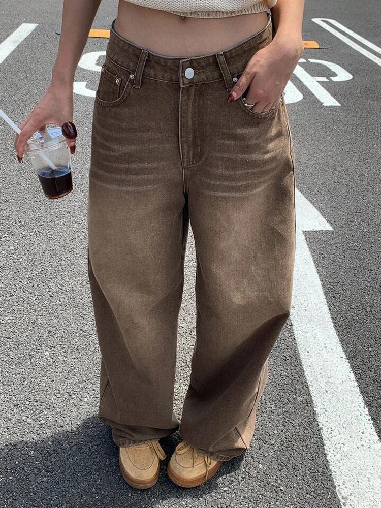 Womens Brown Wash Vintage Jeans High Waist Straight Leg Loose Pocket Pants Fall Winter Y2k Daily Street Casual Trendy Wear