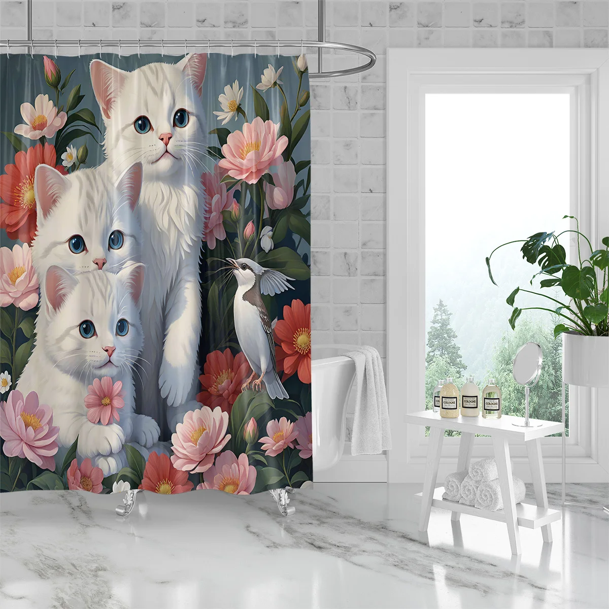 1PC Cute Kitten Series Pattern Shower Curtain,3D Embossed Washable Waterproof Shower Curtain,12 hooks,Family Bathroom Decoration