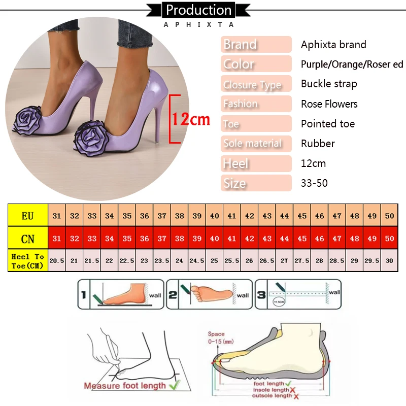 Aphixta, nuevos zapatos de tacón de aguja súper altos de 12cm, zapatos de mujer, apliques de flores rosas moradas, zapatos de tacón coloridos para