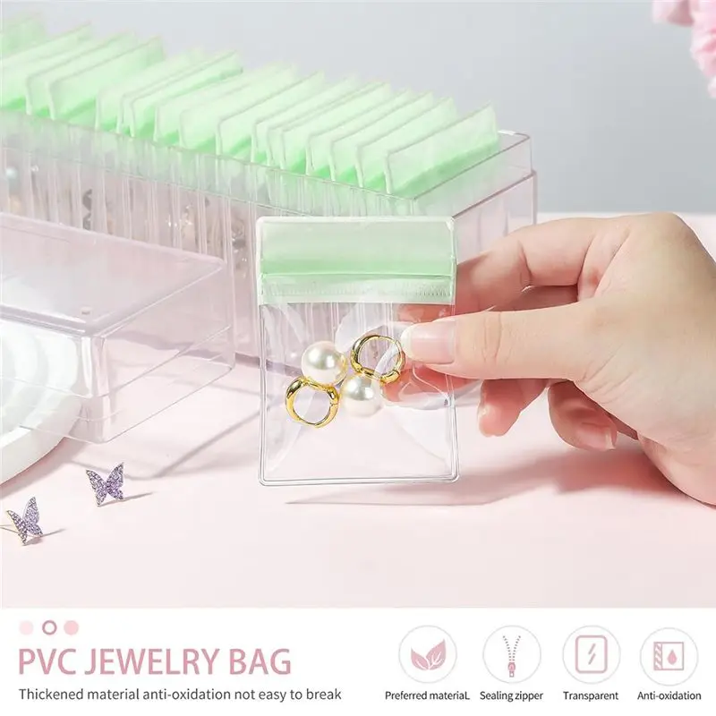 B84B Acrylic Jewelry Box Organizer, Clear Jewelry Organizer with 20 Portable Bags, Travel Jewelry Case Green for Women