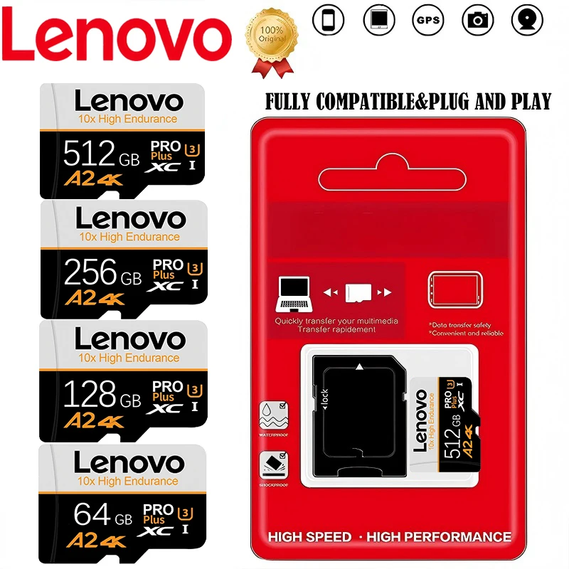 Cartes mémoire polyvalentes Lenovo SD, Micro TF SD, cartes TF 512 Go, 128 Go, 64 Go, 32 Go U1 pour caméra embarquée / smartphone / GoPro