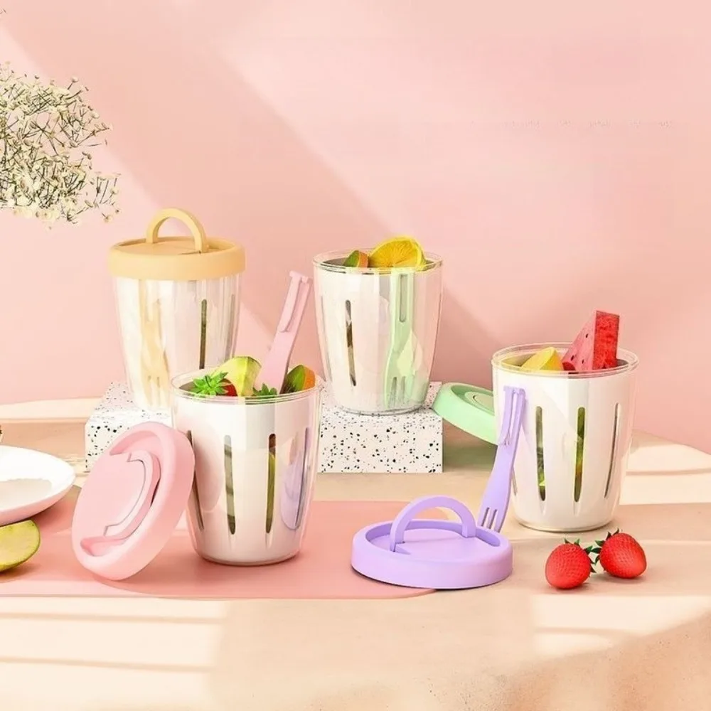 Picture 4: Cylindrical Plastic Salad Container with Fork Multifunctional Portable Fruit Cup Built In Drainage for Lunch Snack Meal Prep