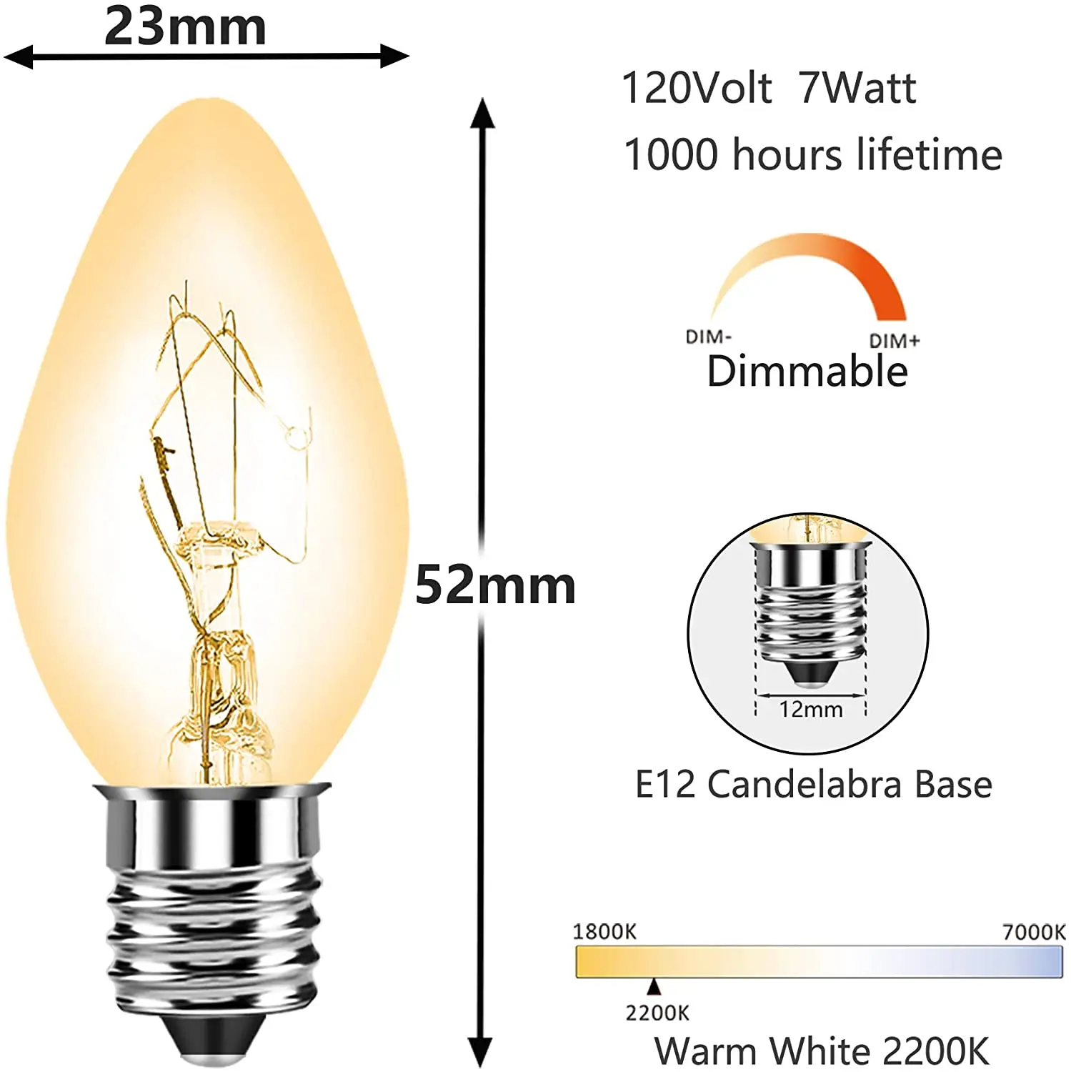 12-Pack 15W 110V E12 C7 Replacement Bulbs – Dimmable, Fits Salt Lamps, Night Lights, Chandeliers, Warm Amber Glow