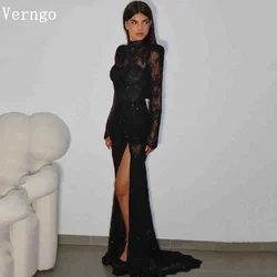 Verngo Black Lace Sequined Evening Dress High Neck Full Sleeves Sexy High Split Arabic Prom Gowns Backless Prom Dress Customized