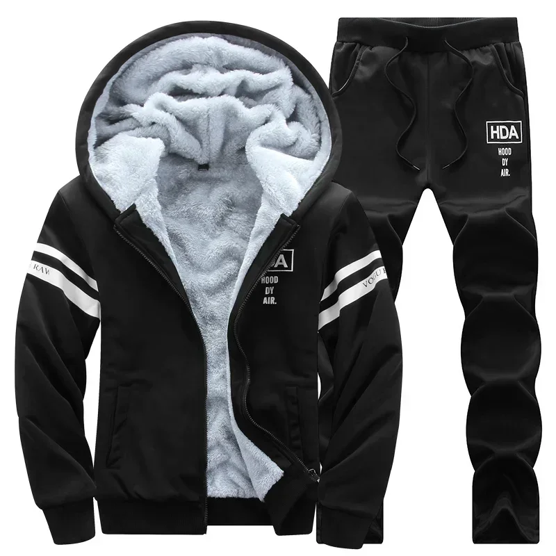 Winter Men Set Casual Warm Thick Hooded Jacket+Pants 2PC Sets Men Inner Fleece Hoodies Zipper Tracksuit Male Sports Suit Outwear