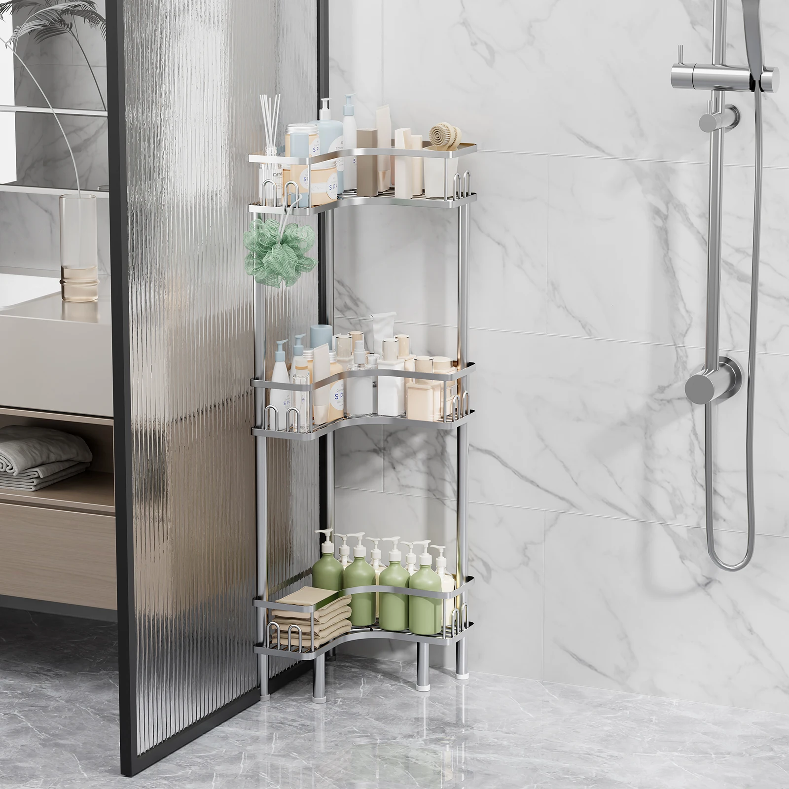 1 Stück Badezimmer-Eck-Bodenregal, dreieckig, mehrschichtig, Edelstahl, wasserdicht, rostfrei, Duschgel, Toilettenartikel, Aufbewahrungsregal, Waschraum, Toilette, Organisation, Aufbewahrung, Ecke,