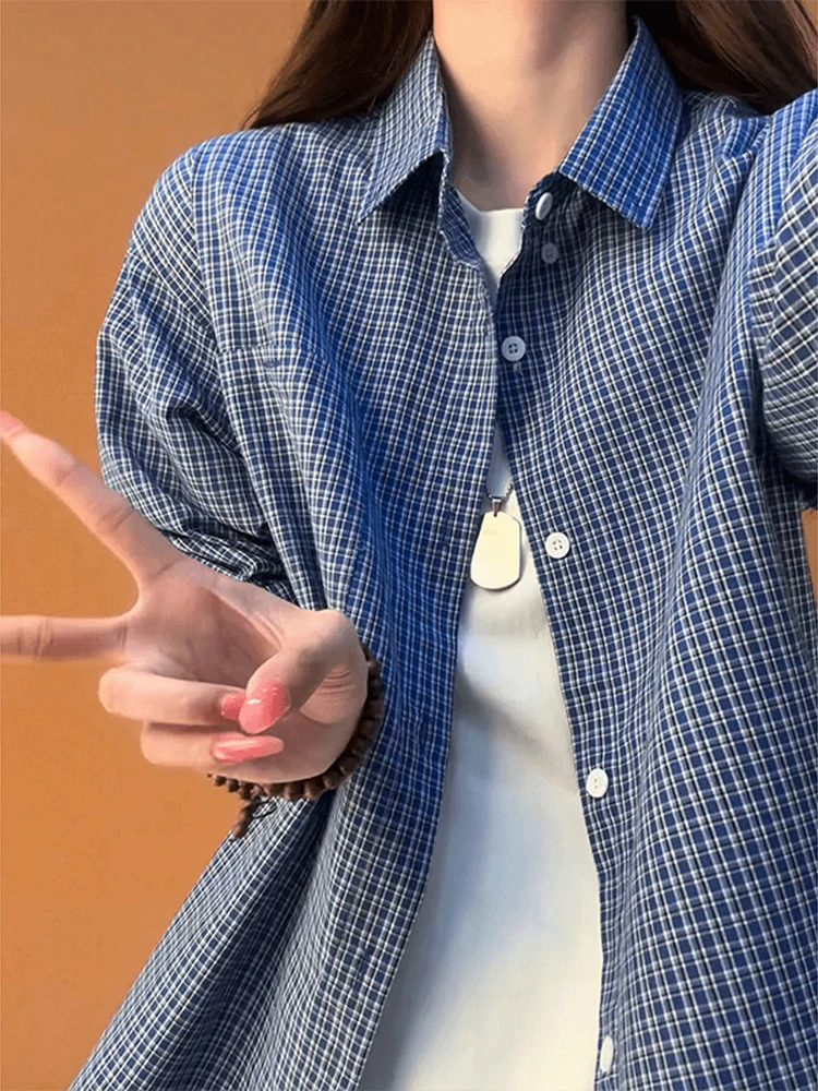 Blue Plaid Long Sleeve Shirt Men's Spring American Cleanfit Layering Shirt Lazy Style Collar Flip Sun Protection Outerwear