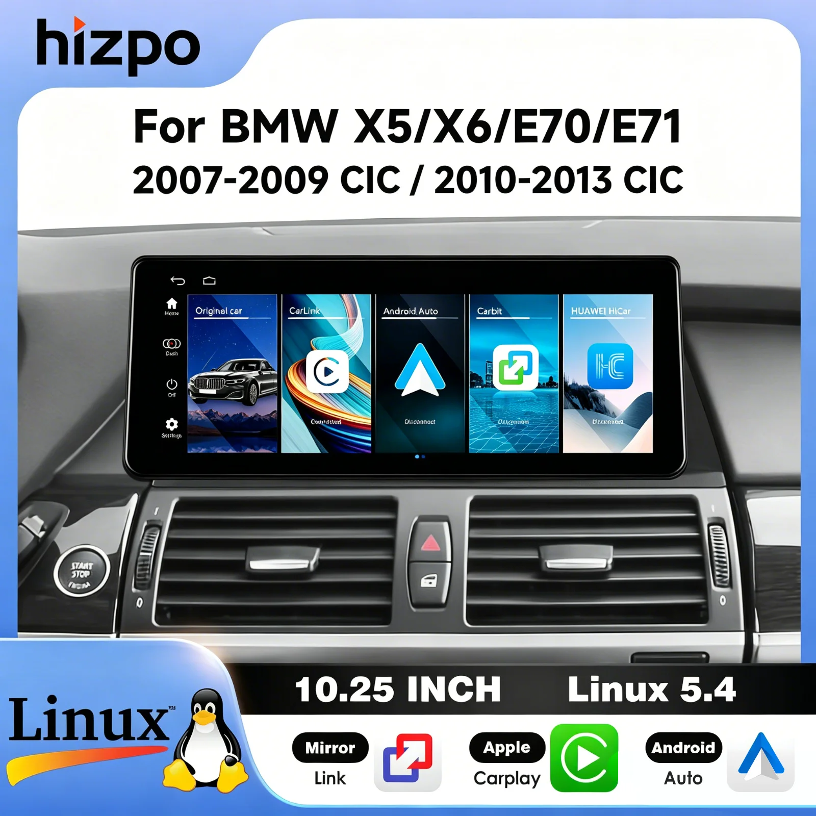 Hizpo 12,3-Zoll-Autoradio für BMW X5 E70 X6 E71 2007 - 2009 CCC 2010 - 2013 CIC-System CarPlay Android Auto Mirror Link Bluetooth Linux 5.4 1920*720 IPS-Bildschirm