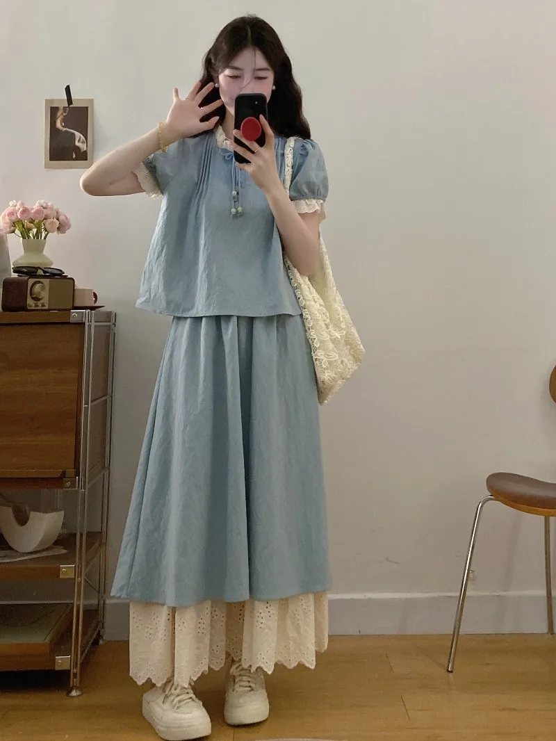 

plus Size Chinese Style Set Summer New Design Lace Splicing Short Sleeve Denim Shirt A-Line Skirt Fashionable Women's En...