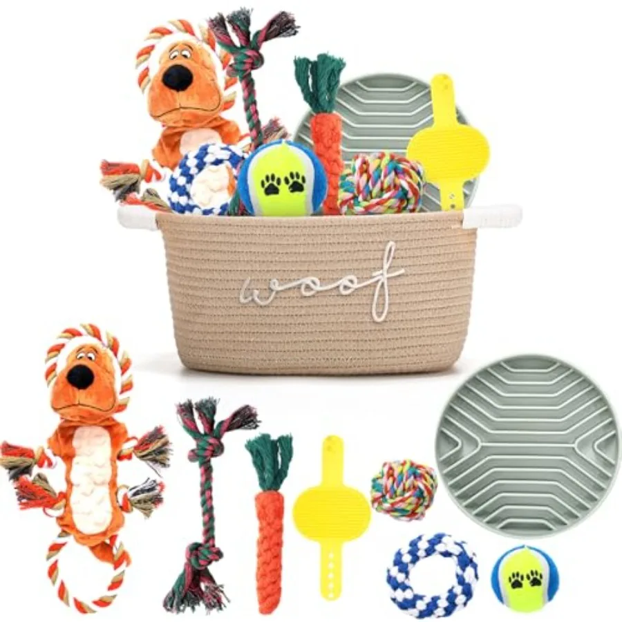 

Puppy Gift Basket Starter Kit with Dog Toys Set Chew Toys Teething Interactive Squeaky Plush Storage Basket for Doggie Birthday