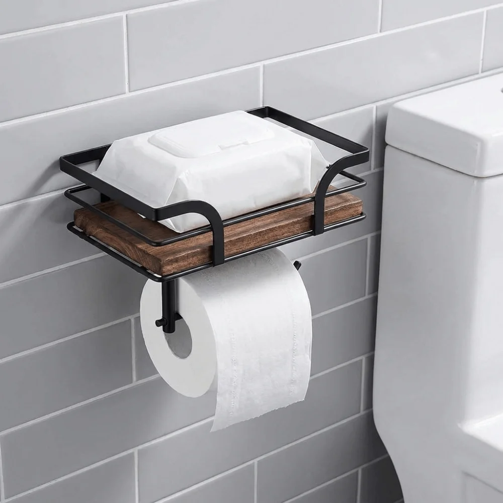 Multipurpose Wooden Toilet Paper Holder Wall Mounted Space Saving Paper Phone Holder Rustic Style Paper Towel Holder Farmhouse