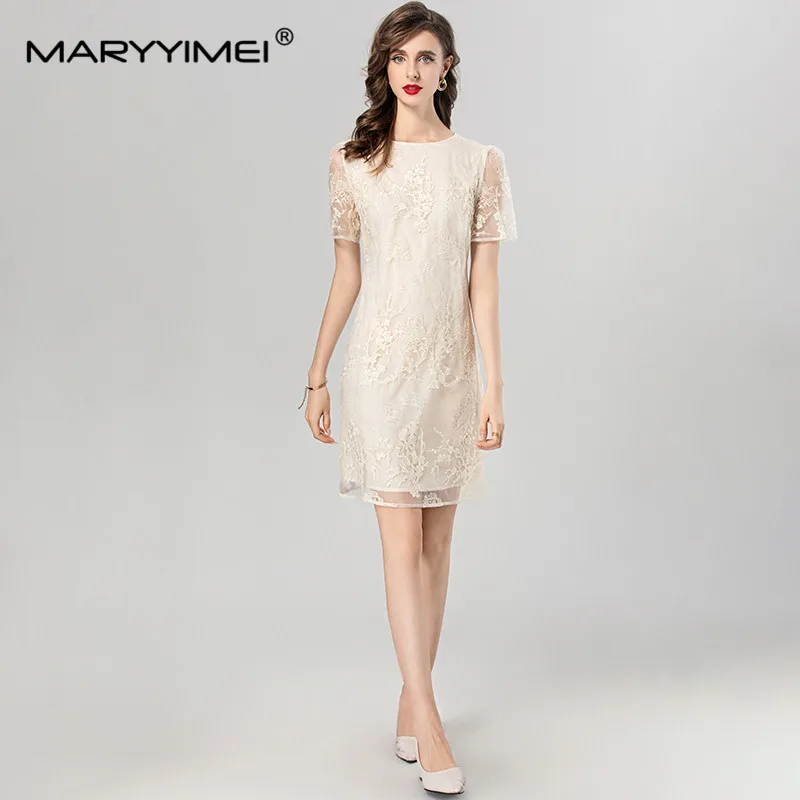 MARYYIMEI Frühling Sommer Damen Kleid Kurzarm Stickerei Design Süße Elegante Party Lose A-Linie Minikleider