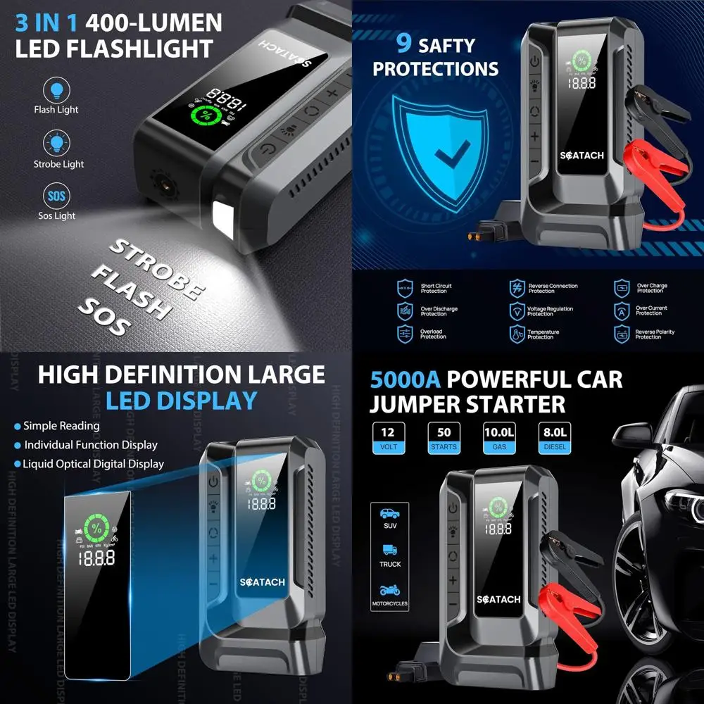 

Автомобильный стартер Q16 5000A с воздушным компрессором, портативный аккумуляторный блок стартера 150PSI (4,0 л газ/12,0 л дизель), с QC3.0,