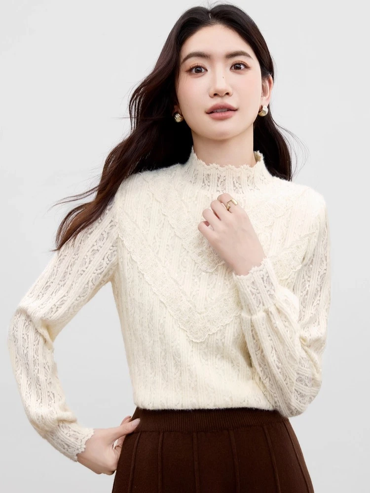 

SENTUBILA Women's Pullovers 2025 Autumn Half High Collar Puff Sleeve Sweater Elegant Lady Slim-fit Tops Long-sleeve 153SA3212