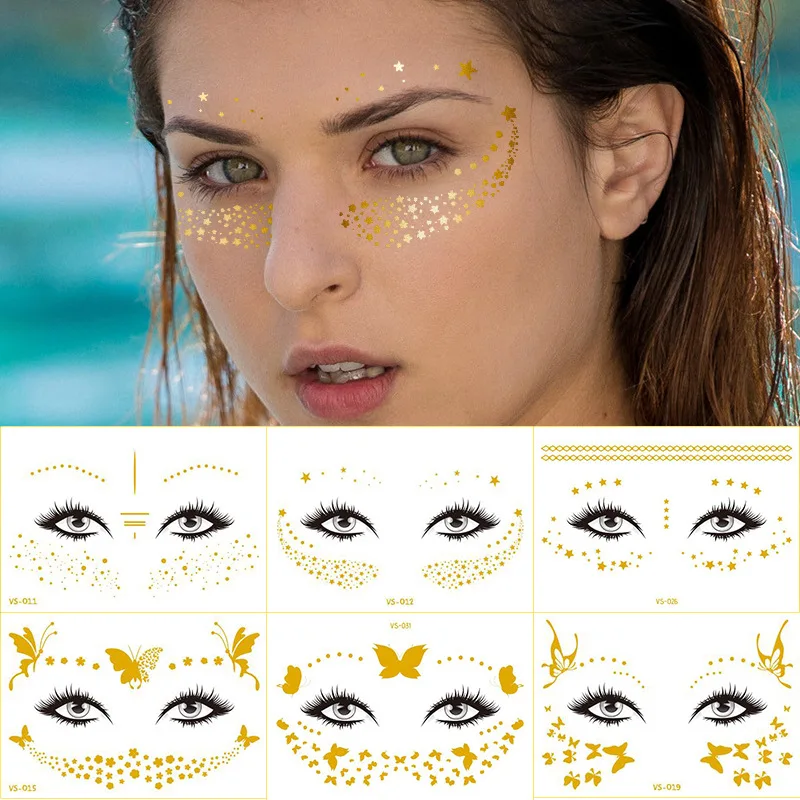 Tattoo Sticker on The Face Hot Stamping Foil Temporary Tattoo Woman Waterproof Bright Stickers on Face Festivals Accessorie