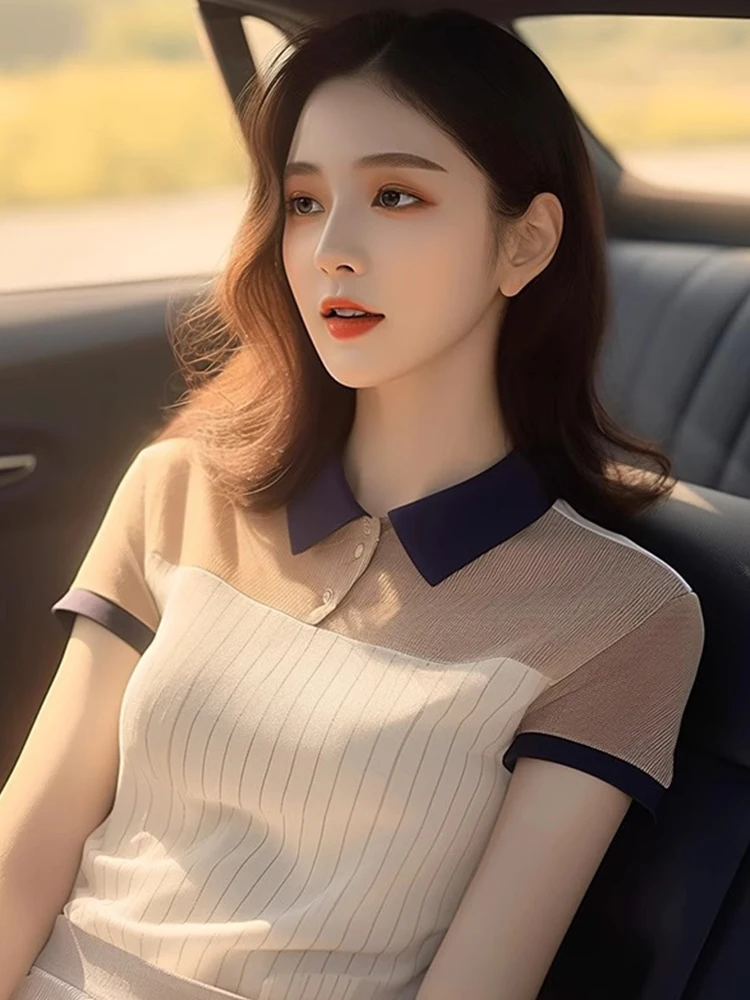 

Ele Ice Silk Knitted Ne Top Women's Faion Slim Fit Base irt Unique Sli Summer High End Korean Sle