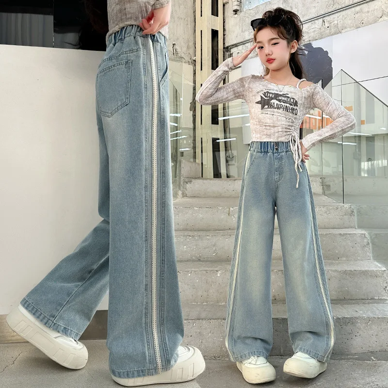

Girls' Side-Stripe Straight-Leg Jeans Casual Sporty Long Pants Stylish Denim Trousers for Youth Aged 7-14
