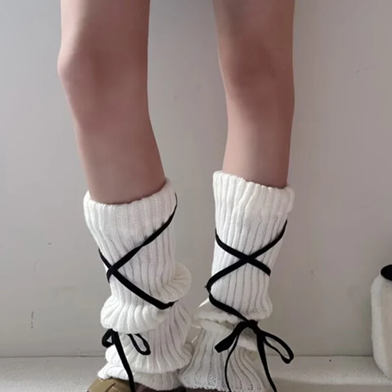 Damskie jesienno-zimowe ciepłe spodnie z dzianiny Ballet Style Y2k Leg Sleeves Cross Tie Ribbed Warm Pants Knee Socks Boots Cuffs