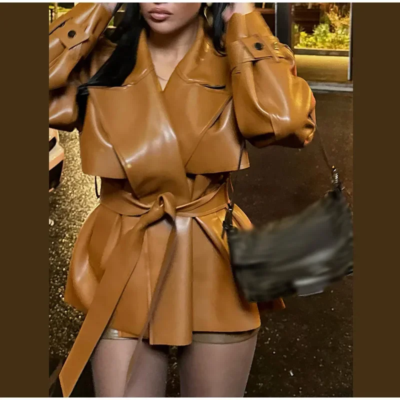 Neue Streetwear-Lederjacke für Damen: Locker geschnittene Jacke mit Revers und langen Ärmeln, einfarbig, Herbstmode 2026, Biker-Outwear für Damen – Detail 6