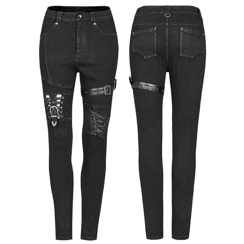 PUNK RAVE Women\'s Punk Knee Deconstructed Hollow Retro Street Denim Trousers Ghost Head Word Buckle Skinny Pants