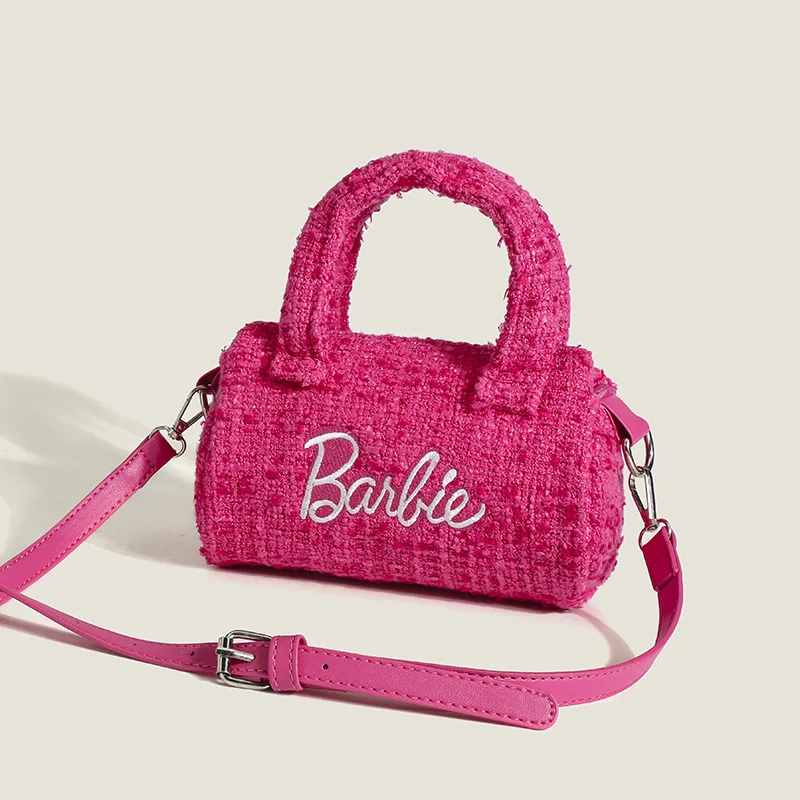 Fashion Barbie Pink Messenger Bags Cute Girls Barbie Handbag Women Shoulder Bag Cylindrical Bucket Bags Ornaments Holiday Gifts