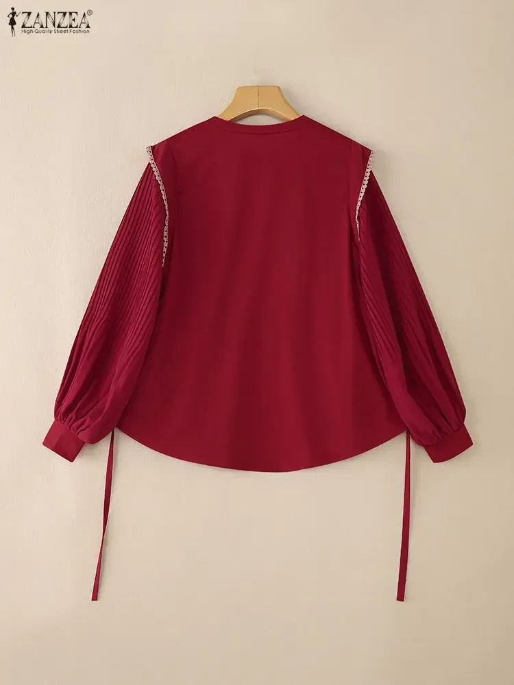 ZANZEA 여성 가을 패치워크 블라우스 2025 무슬림 패션 셔츠 플리츠 풀오버 여성 우아한 롱 랜턴 슬리브 탑